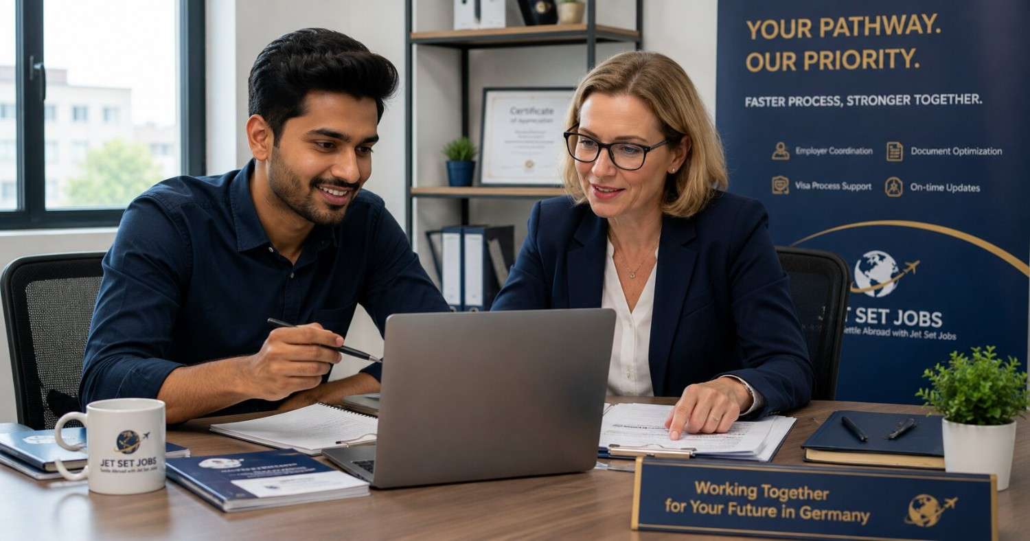 An Indian physiotherapist and a German employer coordinating a fast-tracked visa application