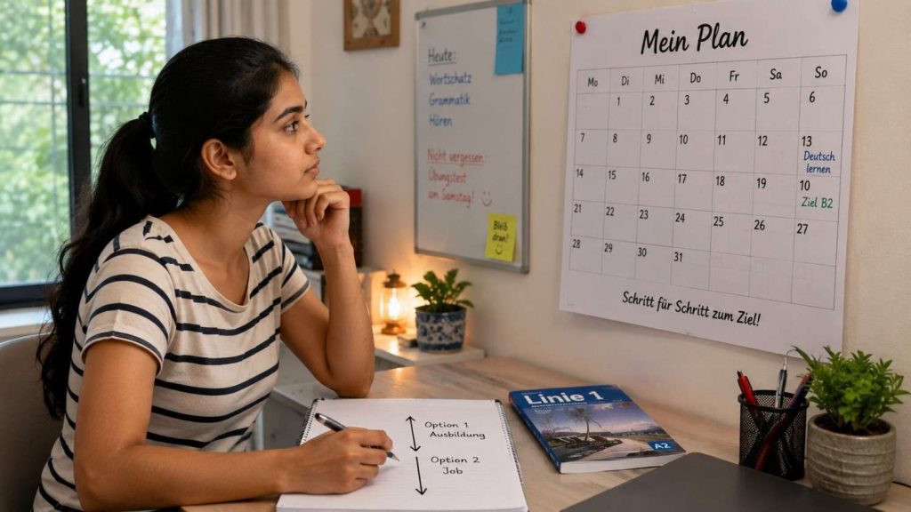 Indian student weighing whether to take a NEET drop year, sitting at a desk with a calendar