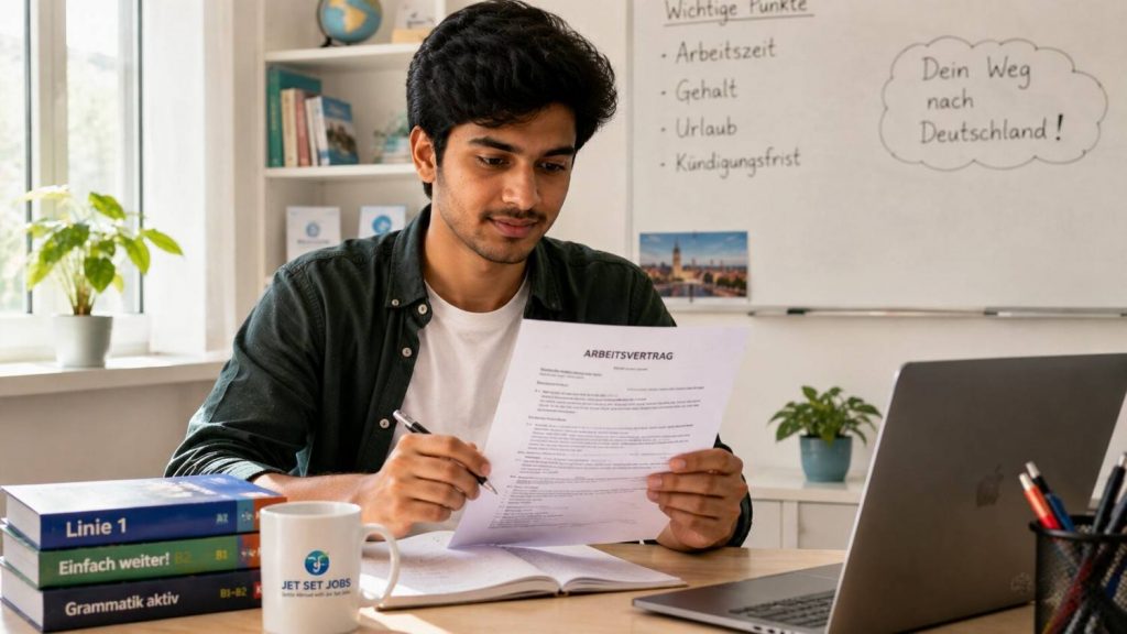 Indian aspirant reading a German Ausbildung training contract with confidence