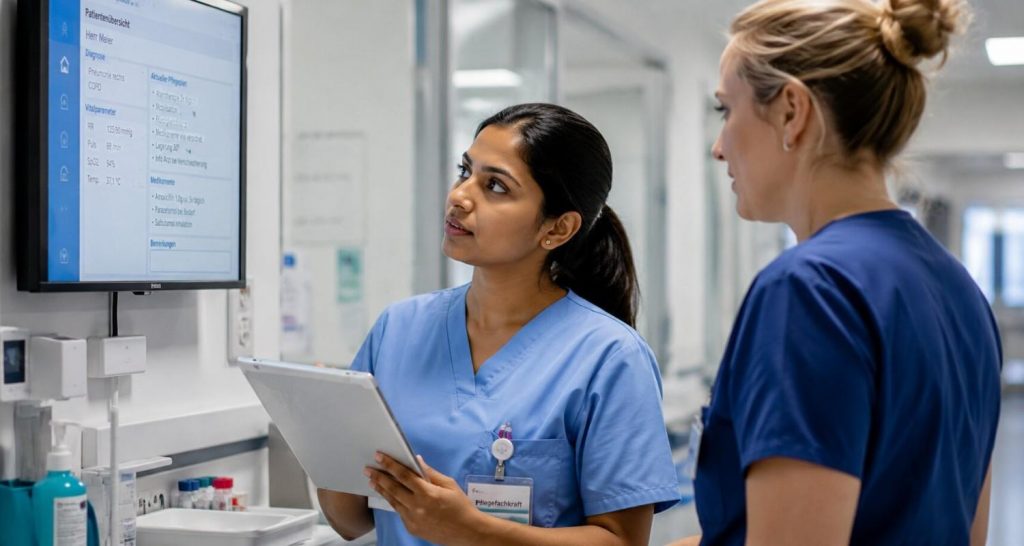 Indian nurse reviewing a care plan on a German ward, adapting to a new way of working