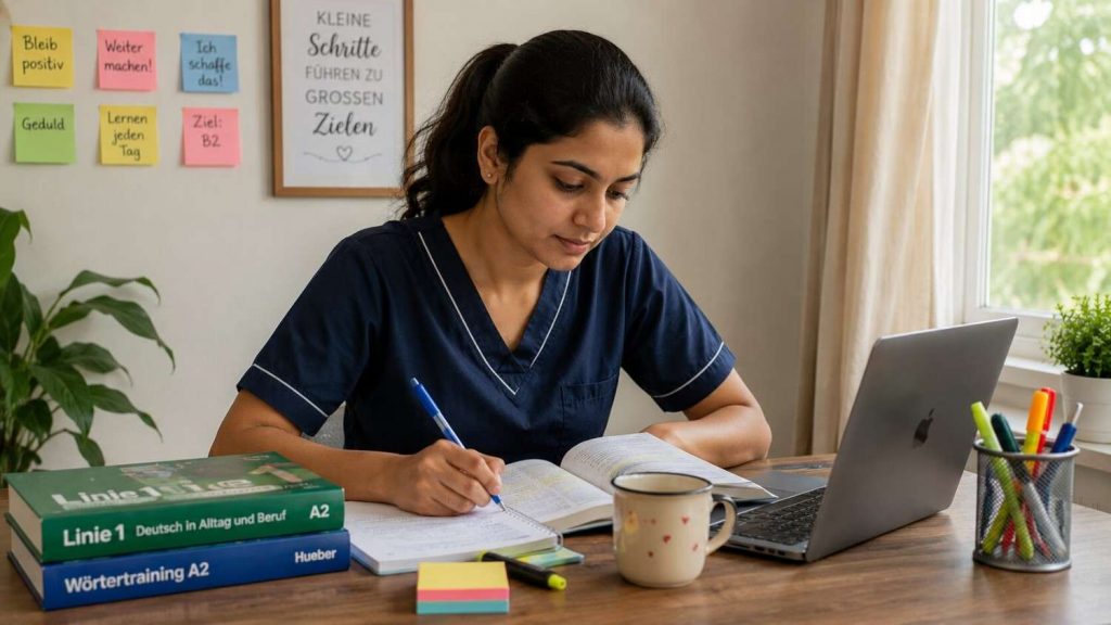 Indian nurse studying German at a desk, calm and focused, preparing for a B2 retake
