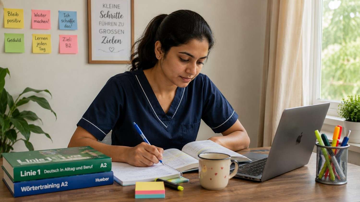 Indian nurse studying German at a desk, calm and focused, preparing for a B2 retake