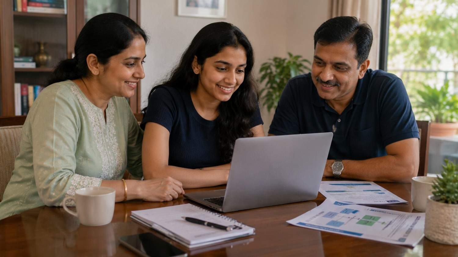Indian parents discussing their child's career options together at home after the NEET result
