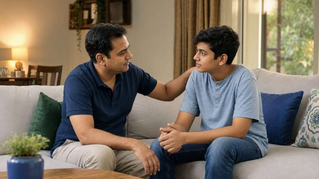 Indian family talking supportively with their child after a difficult exam result