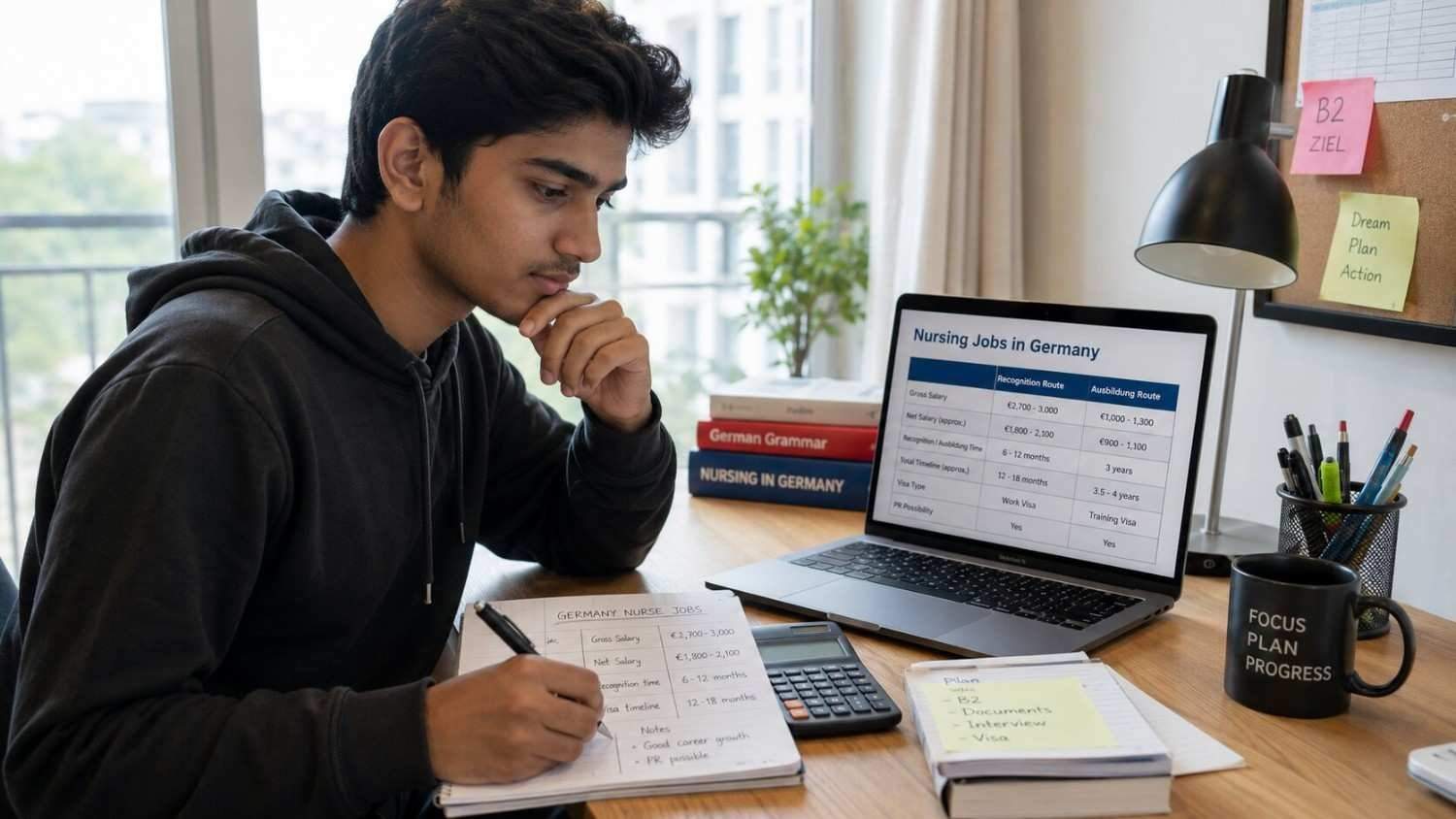Indian aspirant comparing Ausbildung profile salaries in Germany on a laptop