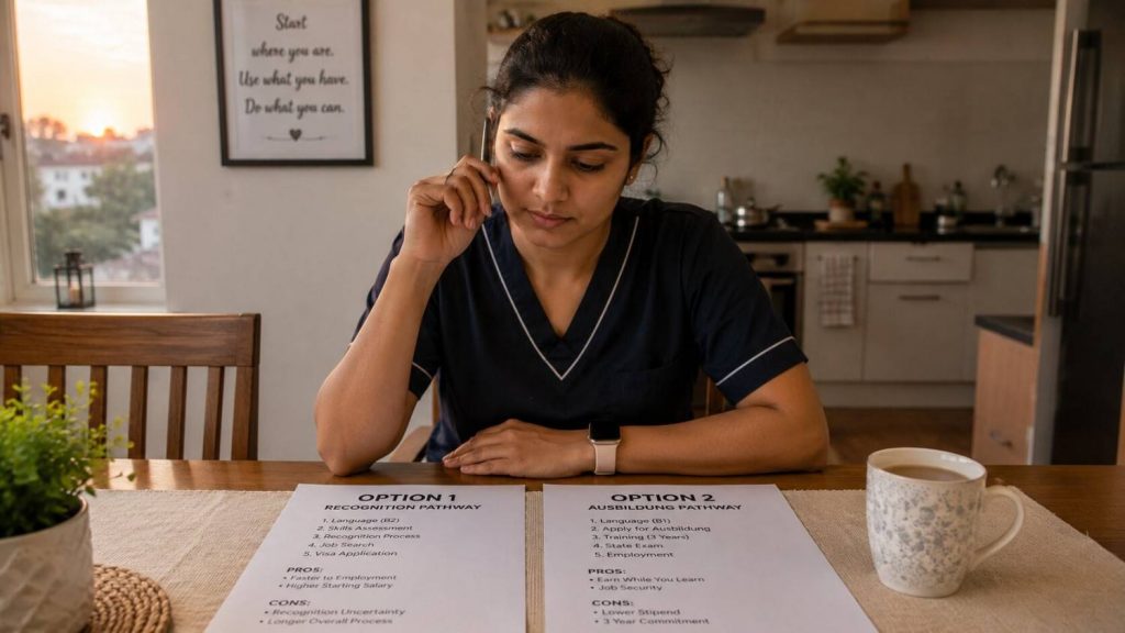 Indian nurse comparing two options on paper at a table, thinking carefully