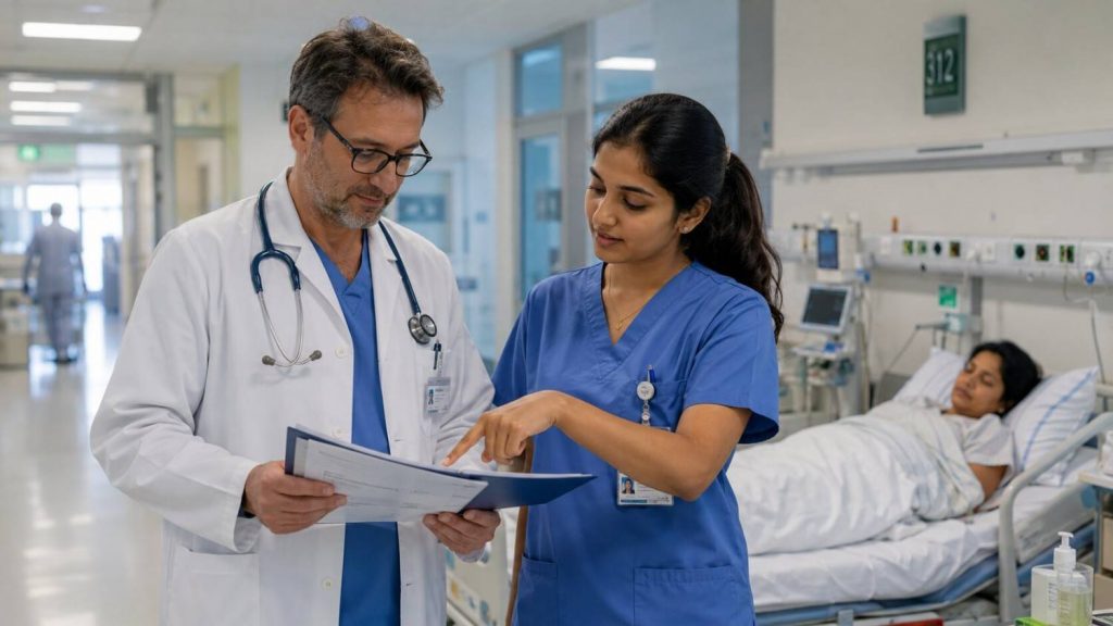 Indian nurse discussing a patient chart with a German doctor on a ward round