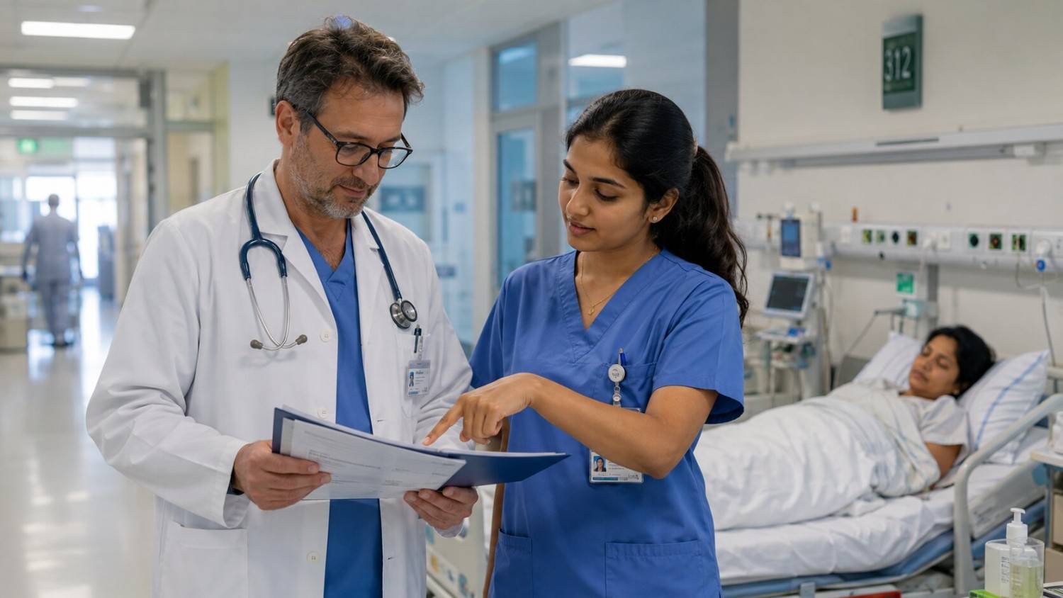 Indian nurse discussing a patient chart with a German doctor on a ward round