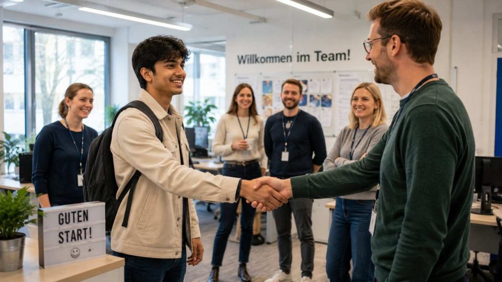 Indian Ausbildung trainee arriving confidently for the first day at a German workplace
