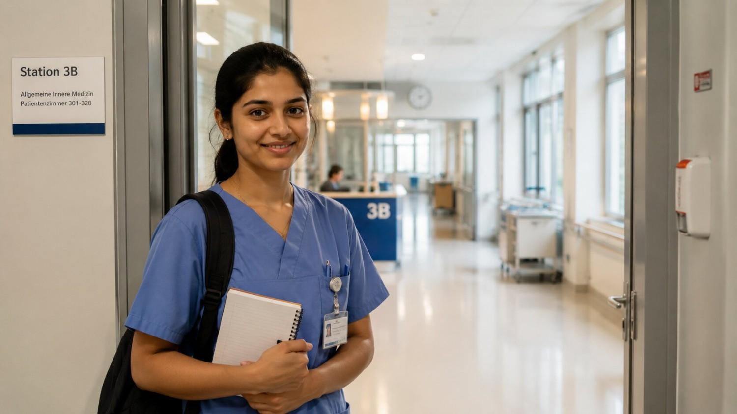 Indian nurse in scrubs arriving for her first shift on a German hospital ward, hopeful