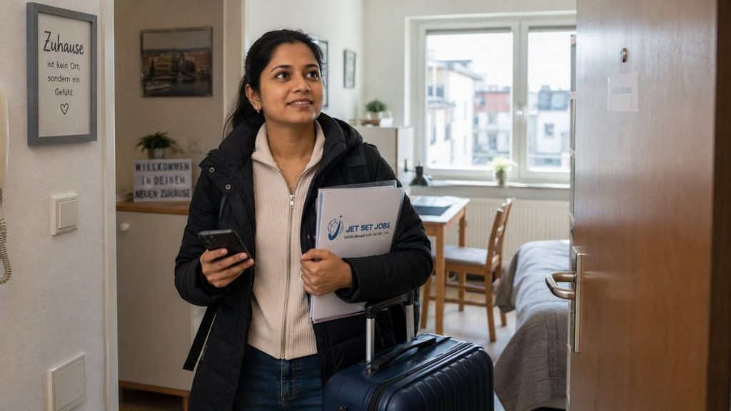 Indian nurse with a suitcase arriving at a German apartment, checklist in hand, hopeful