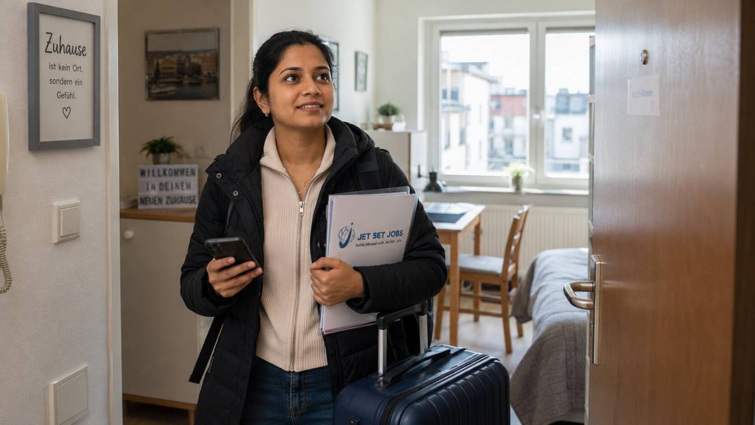 Indian nurse with a suitcase arriving at a German apartment, checklist in hand, hopeful