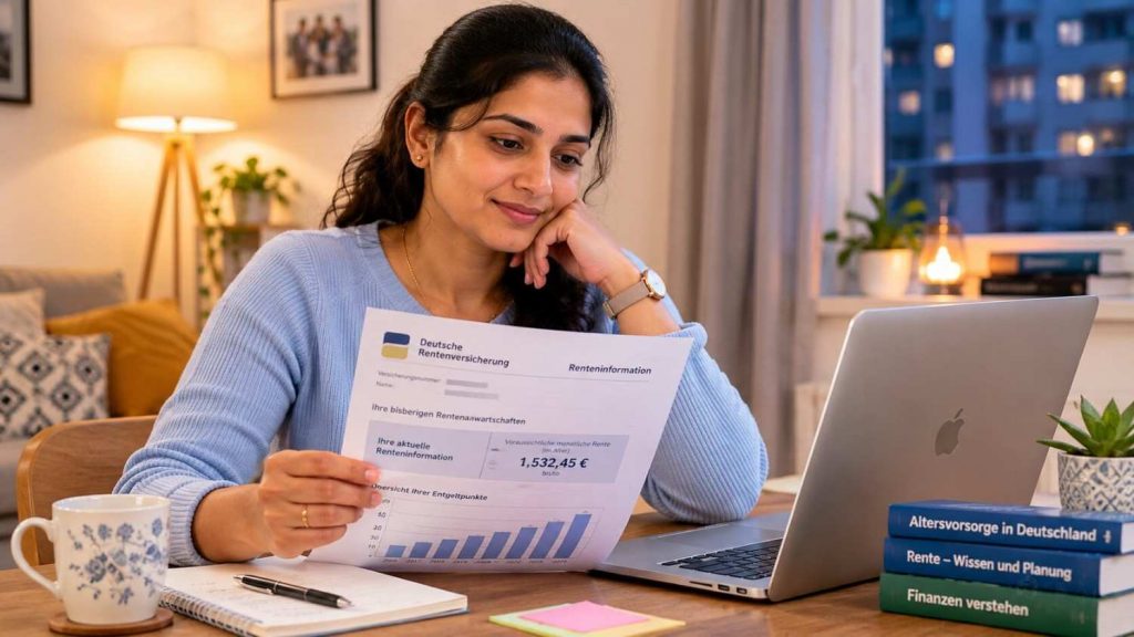 Indian nurse reviewing her German pension statement thoughtfully at home