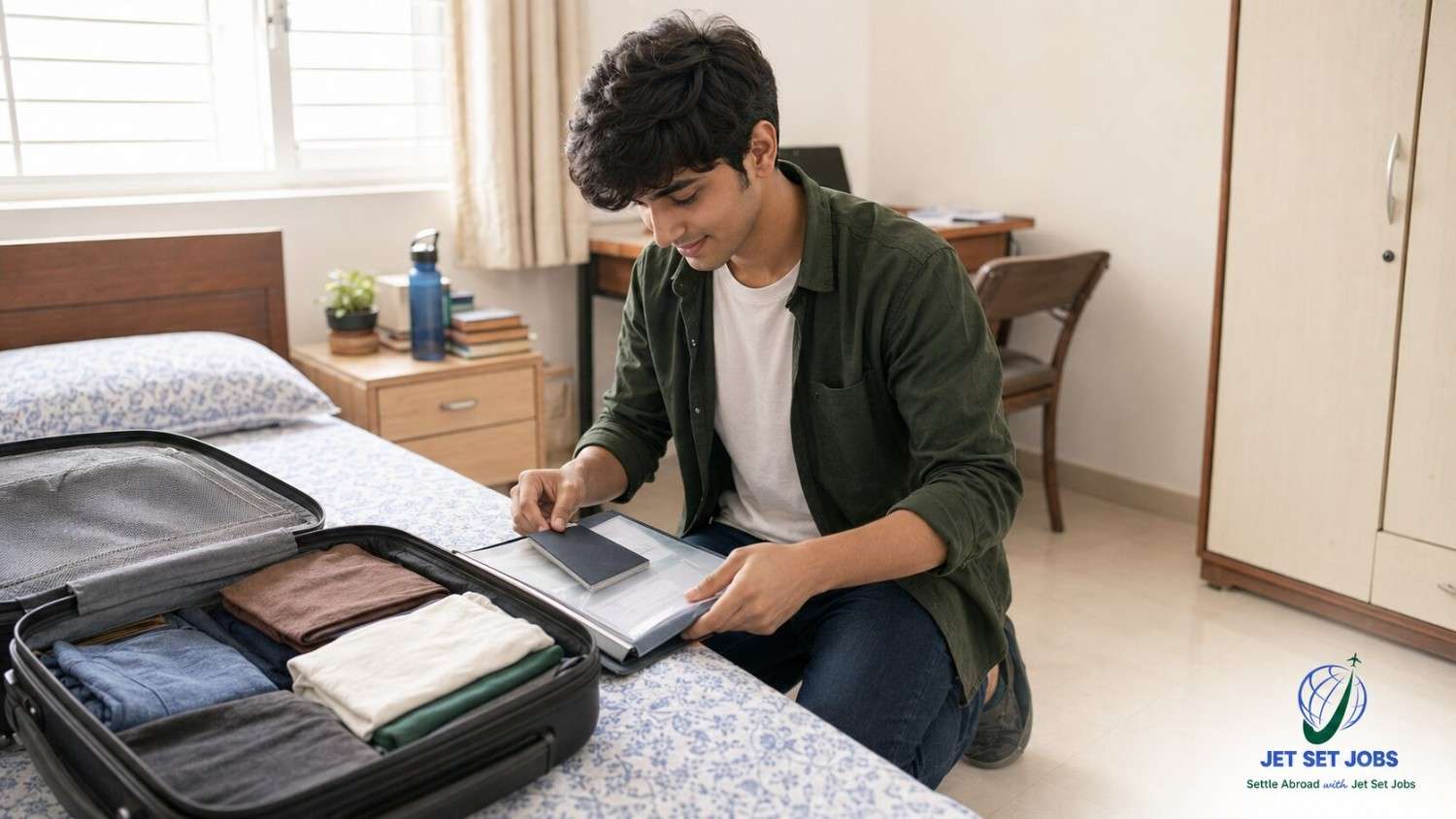 Indian Ausbildung trainee packing a suitcase and organising documents before flying to Germany